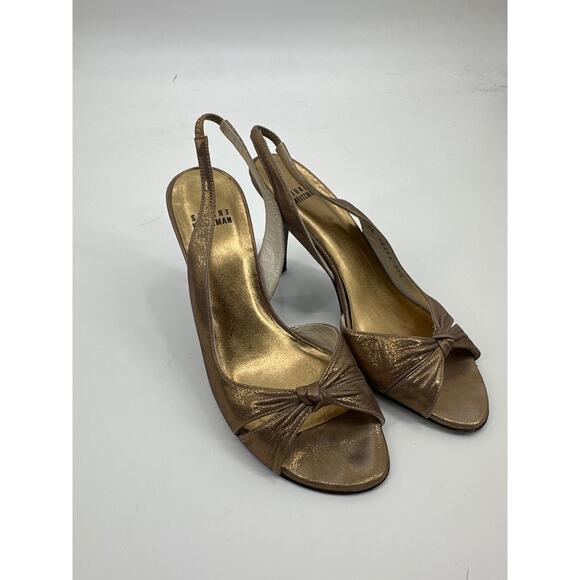 Stuart Weitzman Slingback Metallic Gold Peep Toe Heels Size 37.5/ US 7 - Picture 1 of 9
